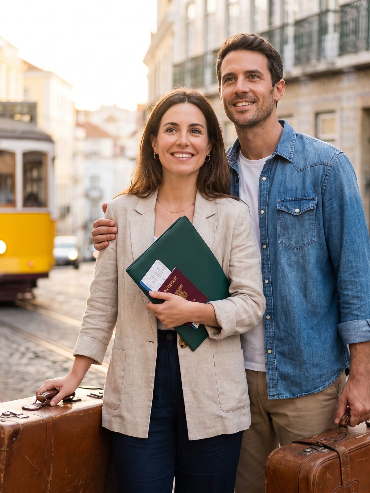 American couple with suitcases on a Lisbon street holding their passports and document folder