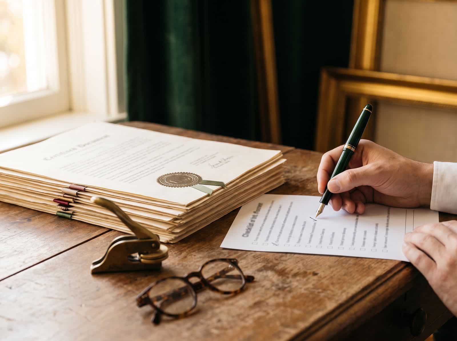 A specialist ticking a checklist beside a certified document with a raised seal