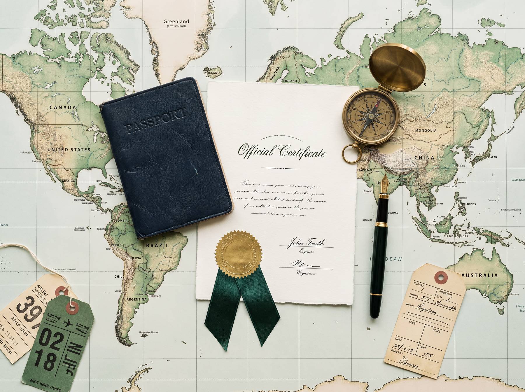 Passport, sealed certificate and compass on a vintage world map