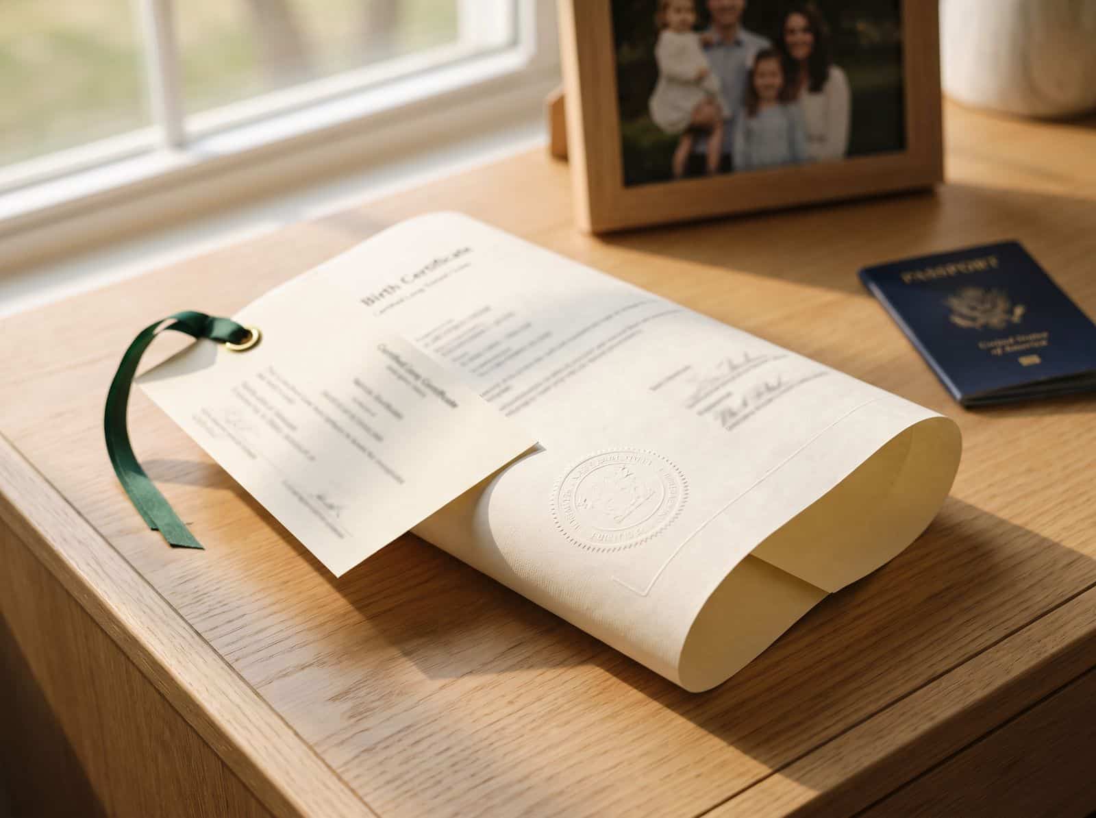 Certified long-form birth certificate with a raised seal and a ribbon-bound apostille
