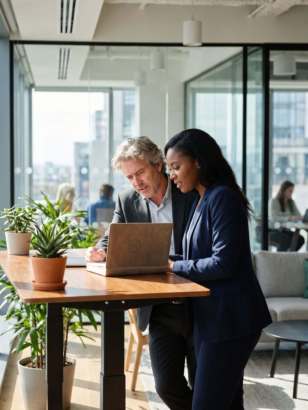 Two business professionals reviewing sealed corporate documents in a modern office