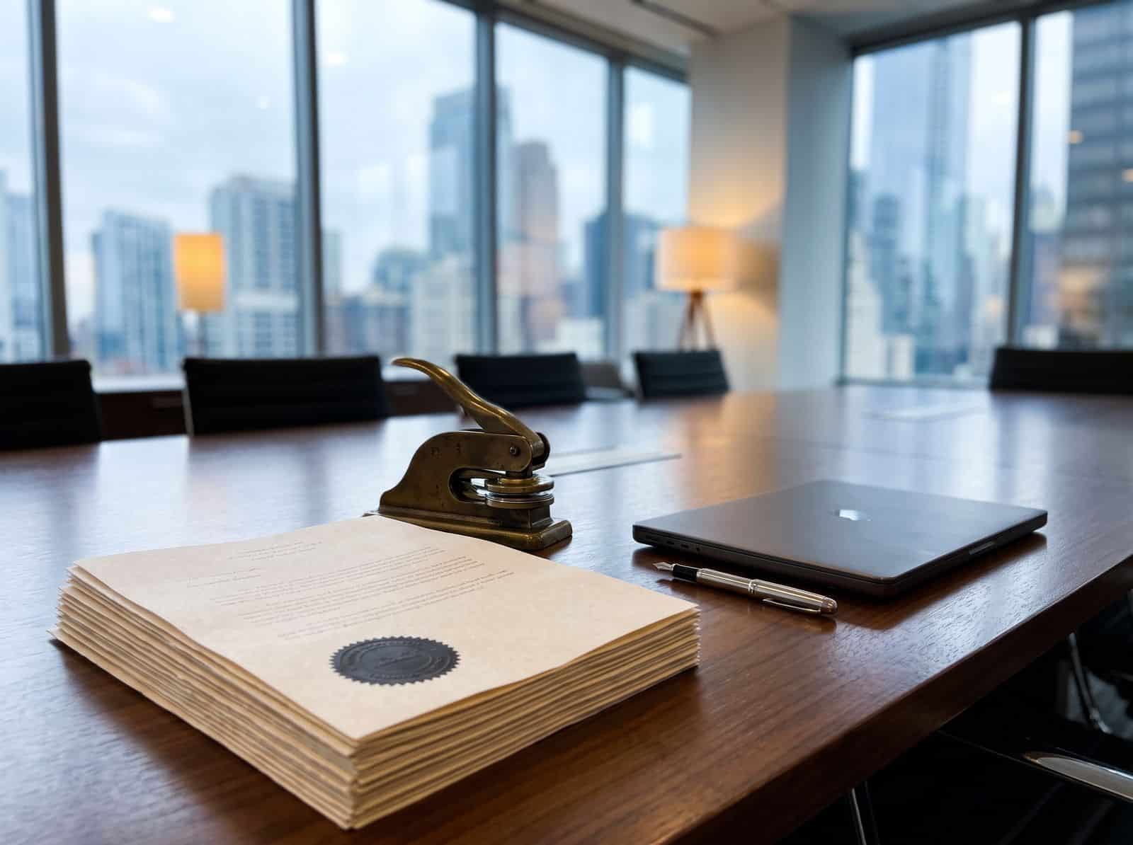Articles of incorporation with a corporate seal and a brass embosser on a boardroom table