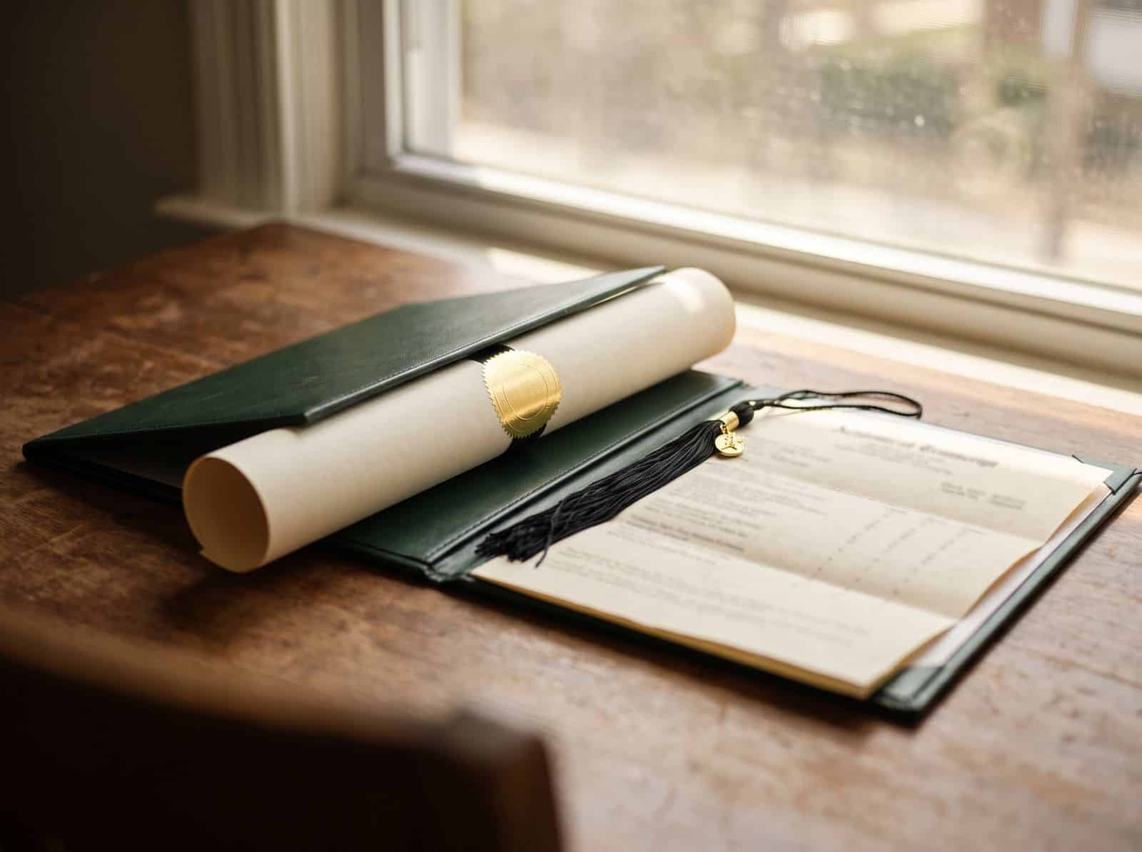 University diploma with a gold seal in a green leather cover beside a graduation tassel