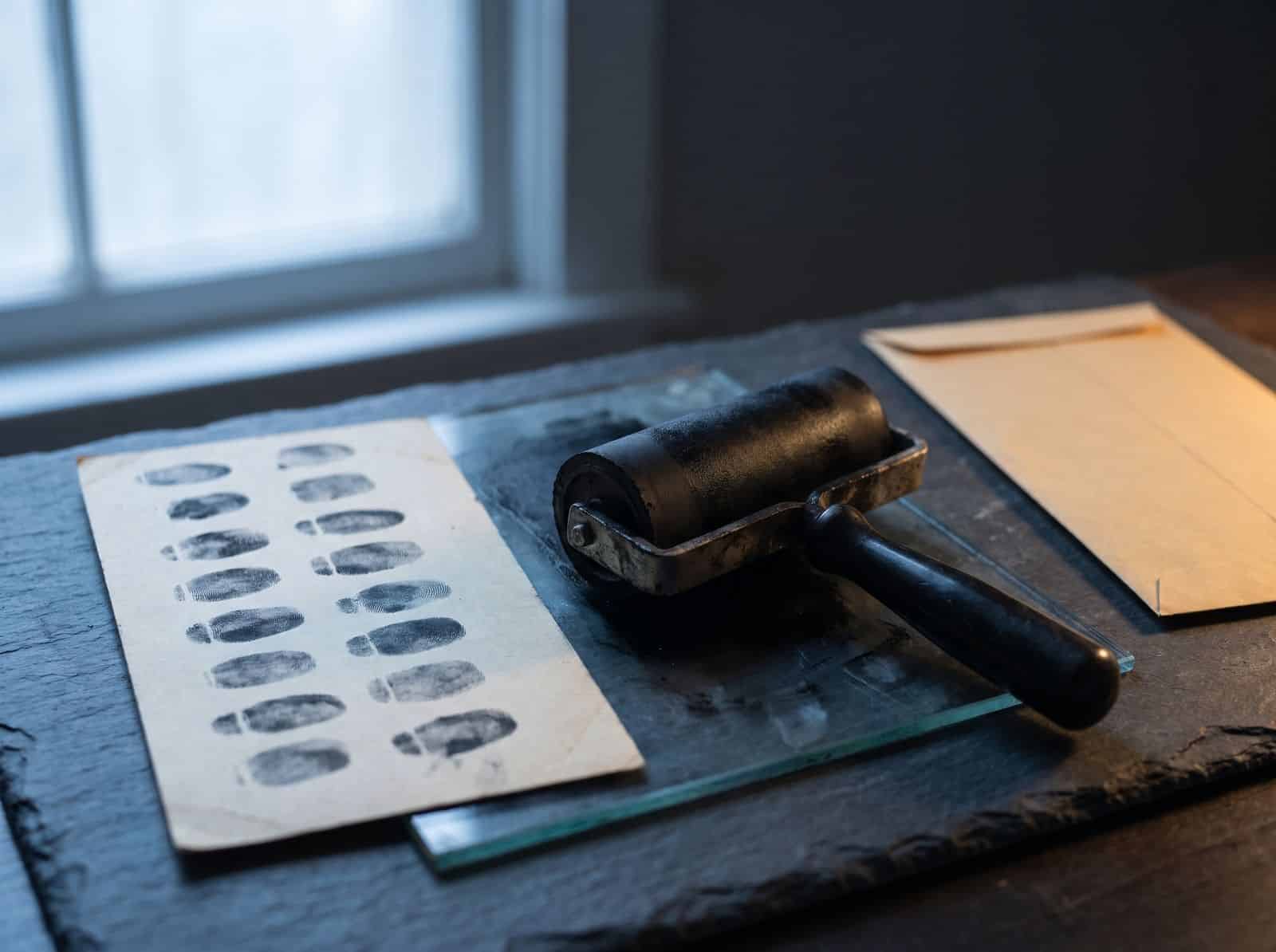 Fingerprint card with inked prints next to an ink roller