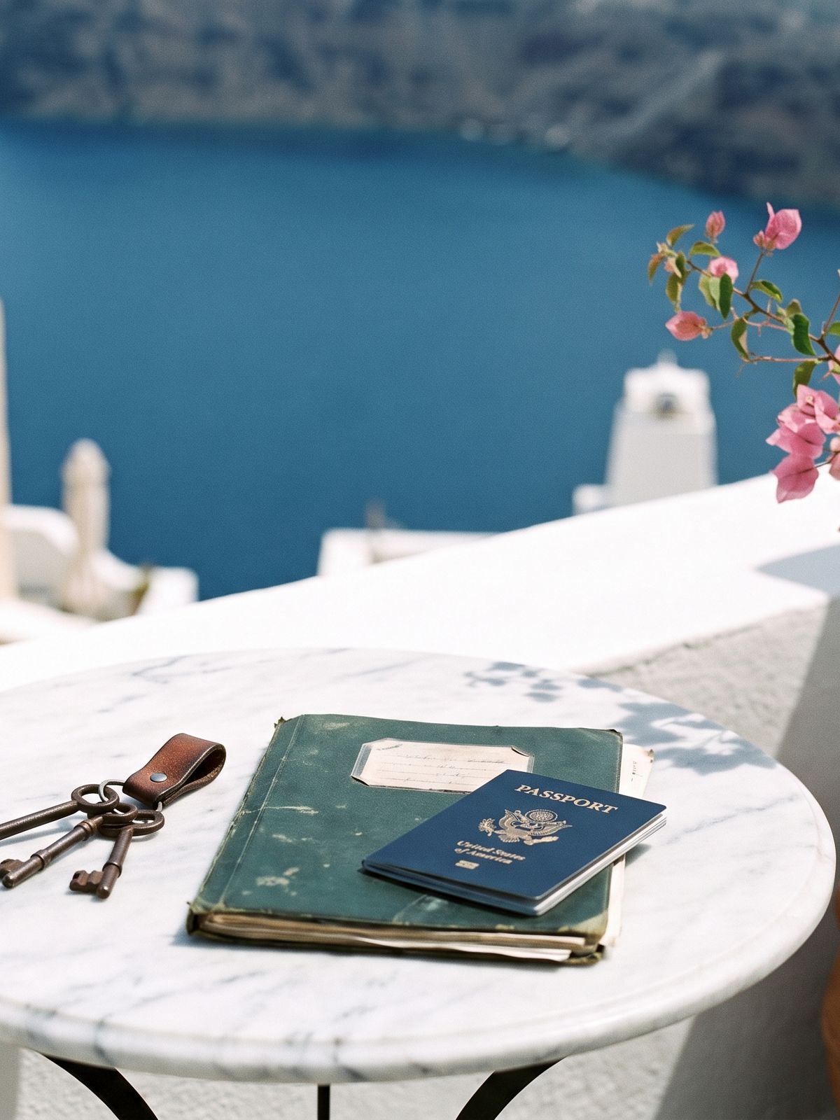 House keys, a passport and a document folder on a terrace table overlooking the Aegean Sea