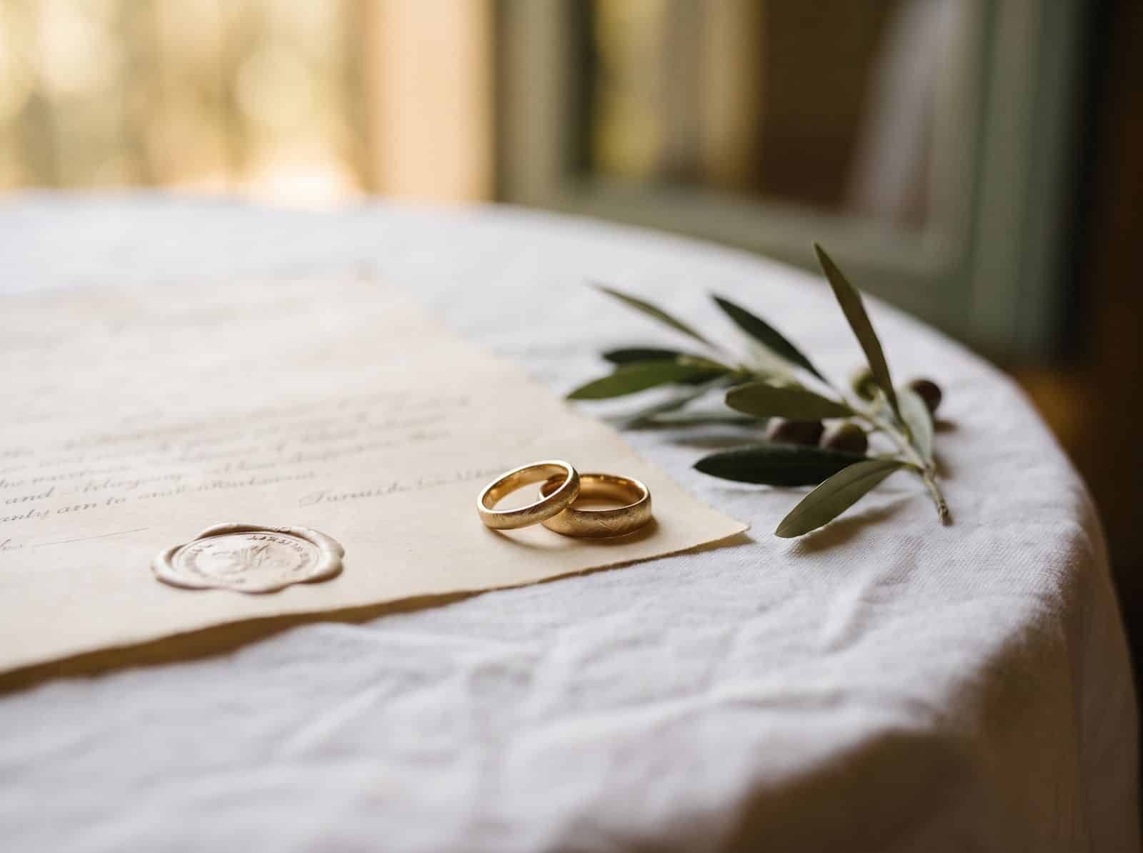 Two wedding bands resting on an embossed marriage certificate