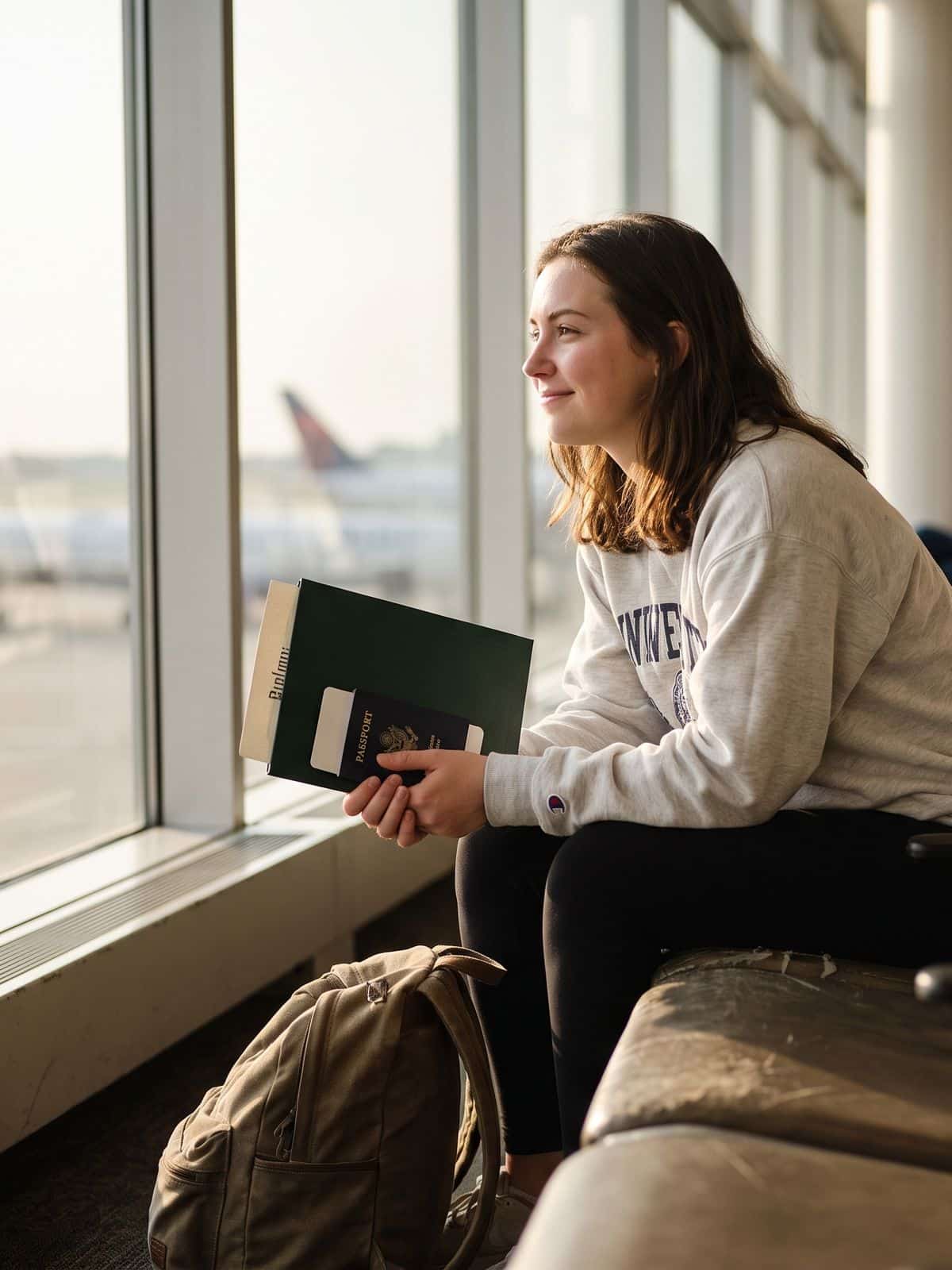 Graduate at an airport gate holding a passport and a diploma folder
